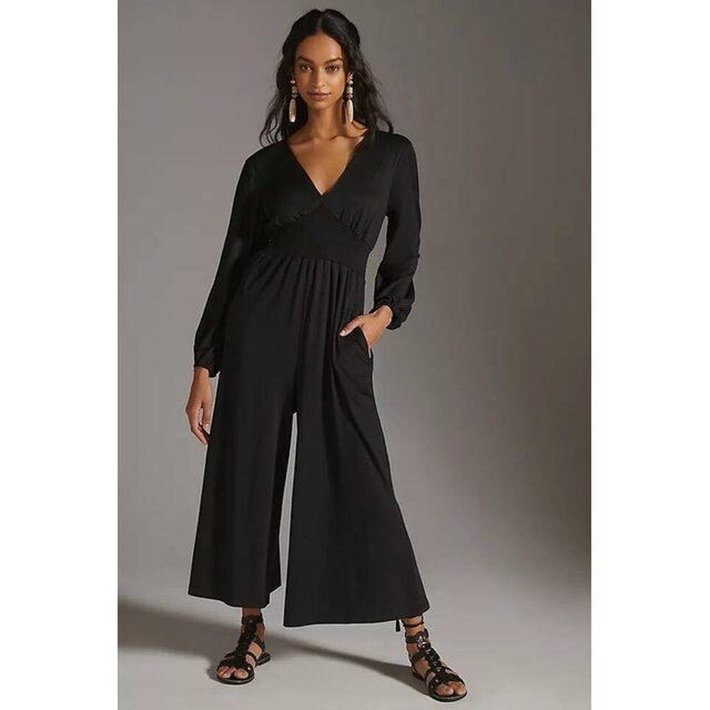 Anthropologie Hutch Smocked Waist Jumpsuit Wide Leg Long Sleeve Party Chic